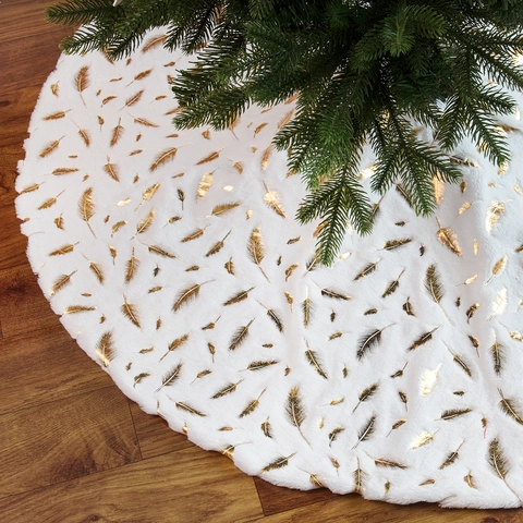 Christmas Tree Skirt Plush White With Gold Silver Feather Foil Stamping Round Holiday Xmas Decoration Base Cover