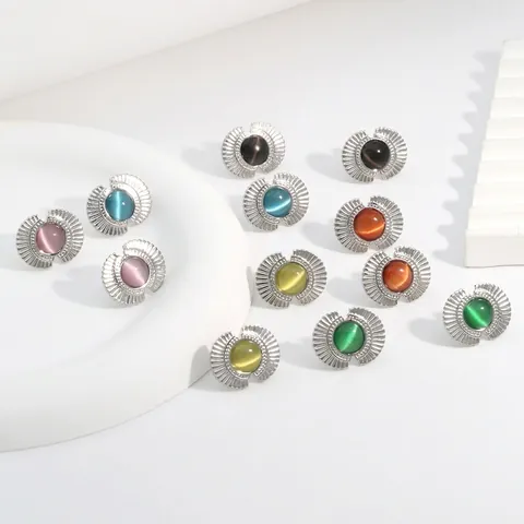 Fan Shaped Stud Earrings With Cat Eye Stone Inlaid Stainless Steel Jewelry For Women Exquisite Elegant Fashionable