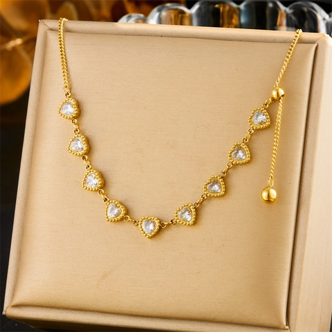 Gold Plated Stainless Steel Necklace For Women Featuring Heart Shaped Zircon Pendants And Adjustable Slider Clasp Elegant