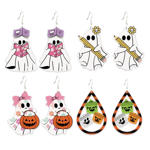 Süße Halloween Geist Ohrringe Bedrucktes Holz Hänger Schmuck Für Lehrer Schüler Schule Party Festlich