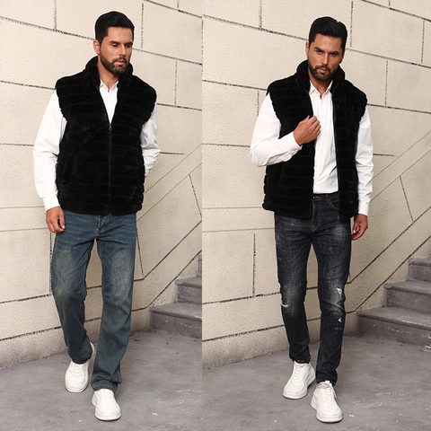 Men Faux Fur Vest Stand Collar Zipper Thick Winter Warm Casual Waistcoat Sleeveless Jacket Black