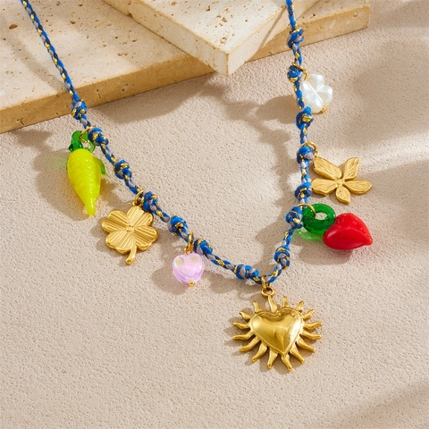 Bohemian Pendant Necklace Stainless Steel Woven Rope Heart Sun Flower Multi Charms Jewelry Women Summer