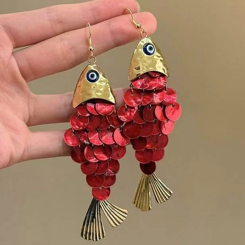 Pendientes Colgantes Pez Con Lentejuelas Concha Aleación Cola De Pez Ojo Turco Retro Borla Larga Exagerados Para Mujeres