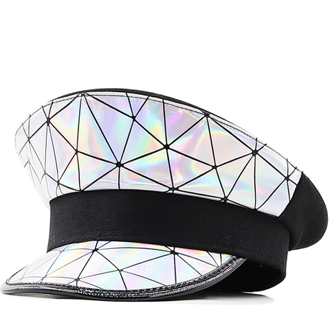 Holographic Laser PU Leather Military Captain Hat Geometric Triangle Pattern Shiny Flat Top Party Cosplay For Women