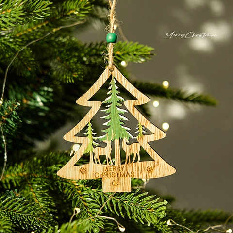 Christmas Wooden Ornaments Hollow Laser Cut Reindeer Pine Tree Hanging Pendant For Holiday Party Tree Decor Rustic Wood