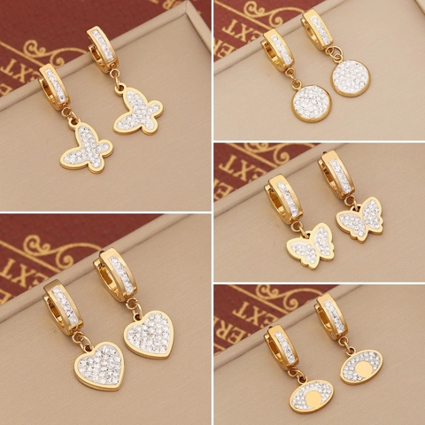 Boucles Oreilles Créoles En Acier Inoxydable Plqué Or Avec Strass Zircon Coeur Papillon Élégant Femme Earring Post