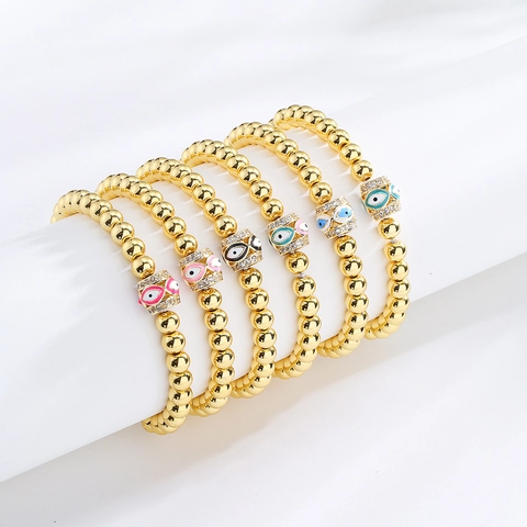 Bracciale Con Perline Malocchio Ottone Placcato Oro 18K Zircone Smalto Ciondolo Portafortuna Protezione Per Donna