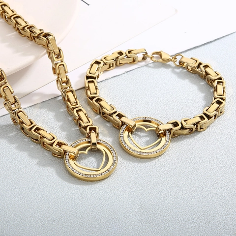 Collier Et Bracelet Chaîne Byzantine Robuste Acier Inoxydable Pendentif Cœur Rond Strass Pour Femmes Style Punk