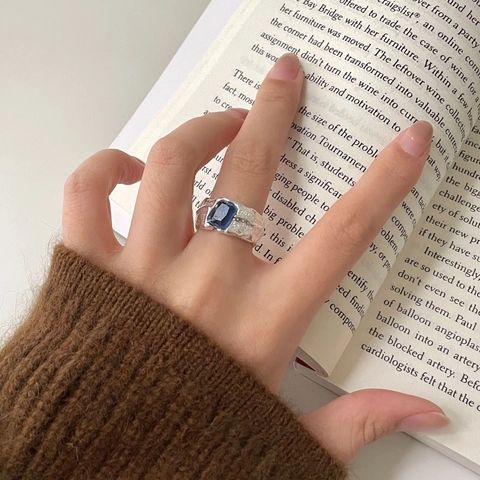 925 Sterling Silver Ring Rectangular Blue Gemstone Irregular Molten Texture Adjustable Open Band Minimalist Jewelry