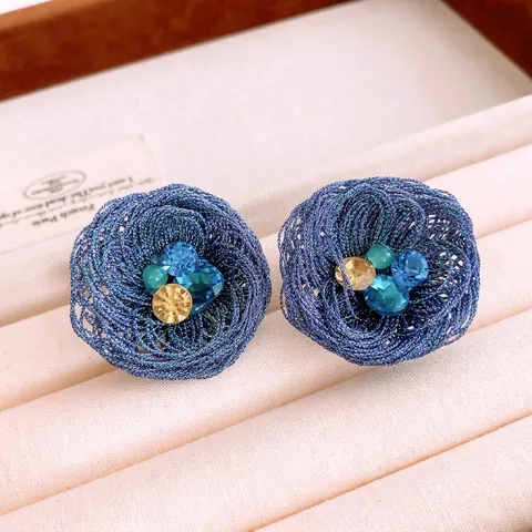 Gewebte Blumenohrstecker Blaues Glas Rhinestone Mit 925er Sterling Silber Ohrringpfosten Elegantes Nischenjuwel Für Damen