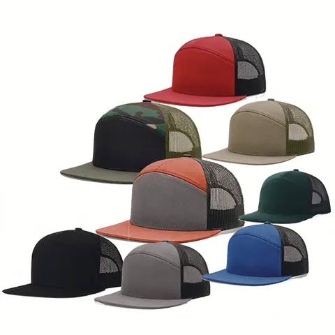Katoen 7-Panel Trucker Pet Gaas Achterkant Platte Rand Geborduurd Snapback Cap Voor Dames Heren Ademend Outdoor Casual Hoofddeksels