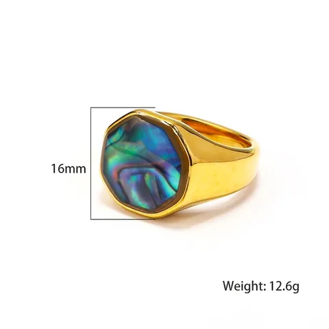 Octagon Signet Ring Stainless Steel Inlaid With Abalone Shell And White Mother Of Artificial Pearl Fashion Personalized Unisex