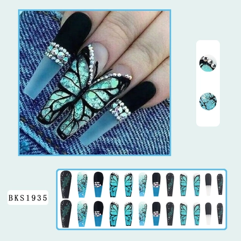 Uñas Postizas Largas de Estilo Francés de Resina Artificial Degradada Con Patrón de Mariposa Floral Mármol y Decoración de Strass para Mujer Fiesta Diario