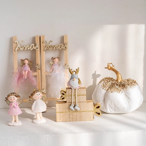 Christmas Decorations Pink Gold Plush Gnomes Santa Claus Resin Angels Wooden Ladder Star House Desktop Atmosphere Ornament