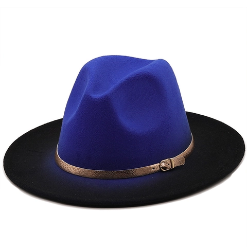 Breedgerande Fedora Hoed Wolvilt Ombre Gradiënt Met Metalen Gesp Riem Vintage Britse Jazz Hoed Voor Heren Dames