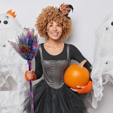 Halloween Witch Broomstick For Kids Adults Detachable Mesh Cosplay Party Prop Skull Spider Web Glowing Broom Decoration