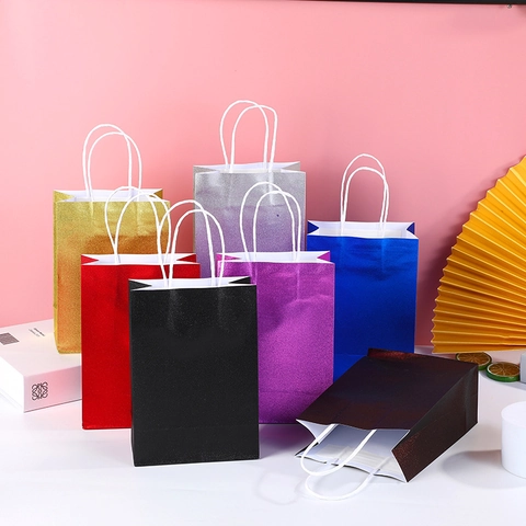 Gift Paper Bags With Handles Colorful Glossy Glitter White Kraft Portable Shopping Packaging For Wedding Party Festival
