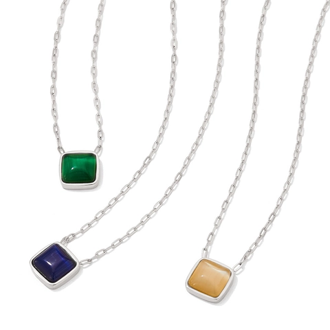 French Retro Stainless Steel Square Cat's Eye Stone Pendant Necklace Clavicle Paperclip Chain For Women