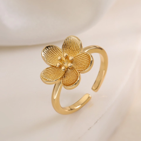 Elegante Anello Regolabile A Fiore Gioielli In Rame Placcato Oro Per Donna Moda Minimalista Texture Spazzolata