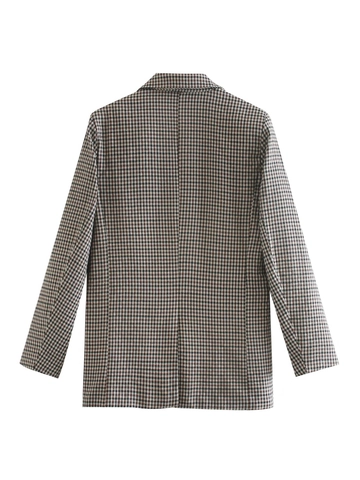 Dames Hahnentritt Blazer Double Breasted Polyester Jas Slim Fit Lange Mouw Streetwear Kantoor Kleding Reverskraag Outwear
