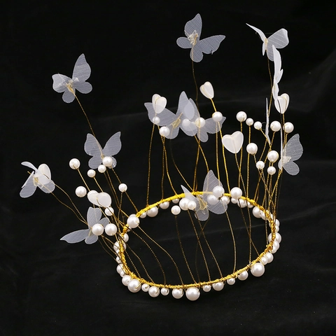 Butterfly Artificial Pearl Crown Cake Topper Decoration Faux Artificial Pearl Mesh Heart Beads Elegant Birthday Wedding Party Ornament