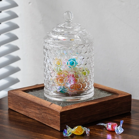 Glass Storage Jar With Lid Embossed Honeycomb Pattern European Style Candy Box Jewelry Organizer Decorative Food Tank Home Decor
