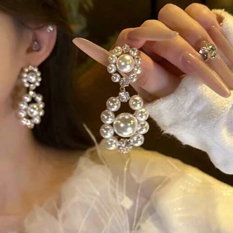 Orecchini Pendenti Doppio Cerchio Künstliche Perle Finte Strass Con Perno In Argento Francese Vintage Elegante Geometrico Da Donna