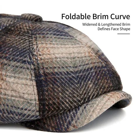 Gorra Newsboy Vintage A Cuadros Mezcla De Lana Sombrero Plano Estilo Británico Ajustable Cálido Otoño Invierno