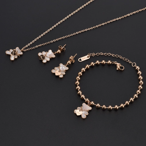 Bear Necklace Bracelet And Stud Earrings For Women Stainless Steel Shell Inlay Heart Love Charm Fashion Elegant Gift