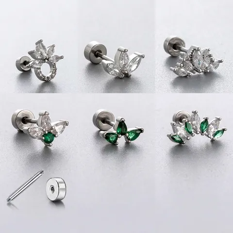 Cartilage Stud Earrings Titanium Steel Cubic Zirconia Green White Stone Crown Leaf Butterfly Shapes Screw Flat Back Women