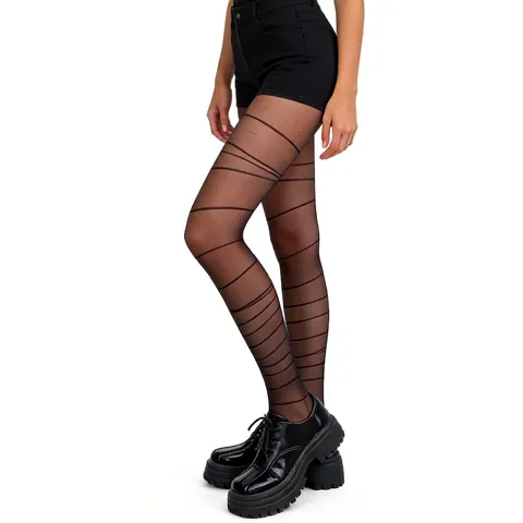 Horizontal Striped Sheer Pantyhose Nylon Spandex Y2K Patterned Tights For Women Fashionable High Elasticity