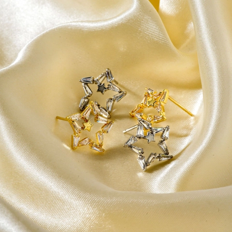Orecchini a Bottone a Stella Cava in Rame con Zirconia Intarsiata Oro Argento Placcato Pentagramma Gioielli Raffinati per Donna Stile Influencer