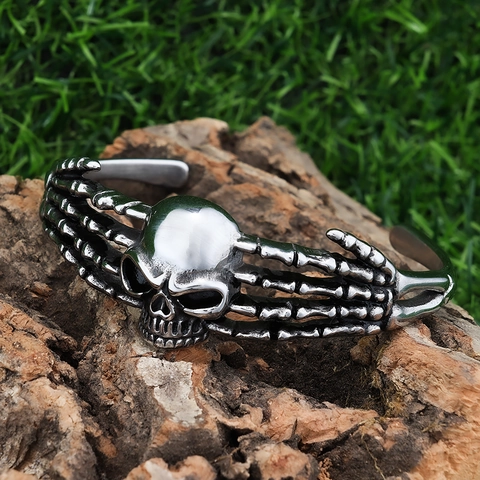 Skull Hand Bone Cuff Bangle Stainless Steel Gothic Punk Vintage Oxidized Silver Adjustable Open Jewelry Men Women