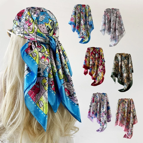 Square Scarf Satin Polyester Cartoon Cat Print Large Headscarf Fashionable Elegant For Women