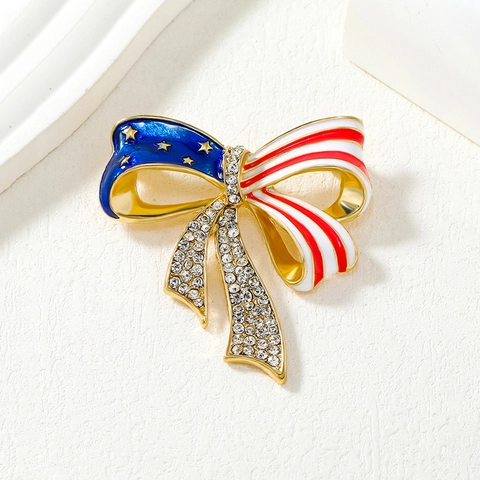 American Flag Bow Brooch For Women Men Zinc Alloy Enamel Rhinestone Patriotic Bowknot Brooches Vintage Fashion Jewelry Gift