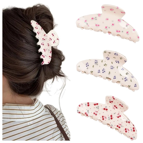 Floral Hair Claw Clip Large Acrylic Resin Rhinestone Cherry Rose Berry Hair Accessories For Women Elegant French Style