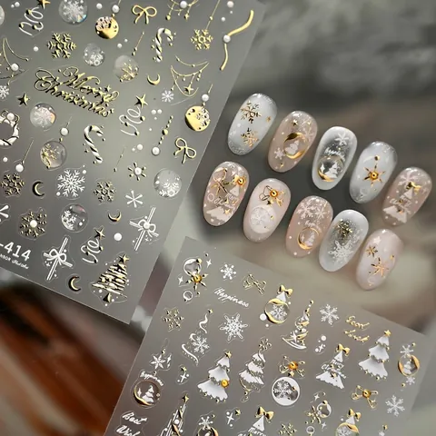 Christmas Nail Art Stickers Embossed Relief Snowflakes Reindeer Gold Silver Holiday Manicure Decoration Women