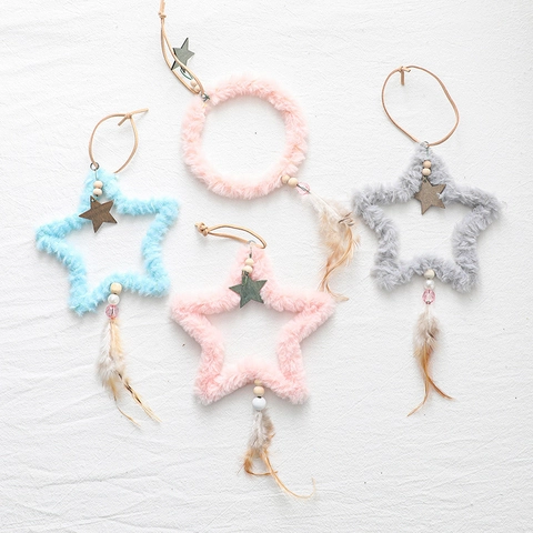 Decorazioni Appese In Peluche Per Albero Di Natale E Stella Con Perline Di Legno E Piume Arredamento Per Finestre