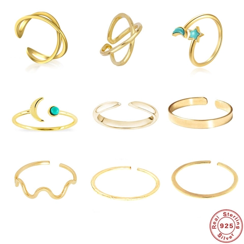 Anello Aperto in Argento Sterling 925 Con Turchese Luna Stella Regolabile Minimalista Geometrico Intrecciato per Donna