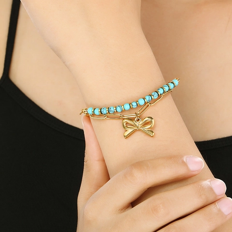 Bracciale Doppio Strato Acciaio Inossidabile Turchese Stella Marina Delfino Palma Ciondoli Stile Spiaggia Oceano Donna