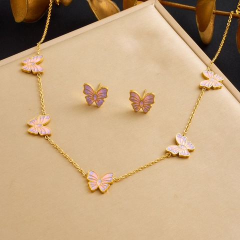 Butterfly Necklace Bracelet Stud Earrings Enamel Pink Purple Gradient Gold Plated Stainless Steel Women Jewelry Dreamy