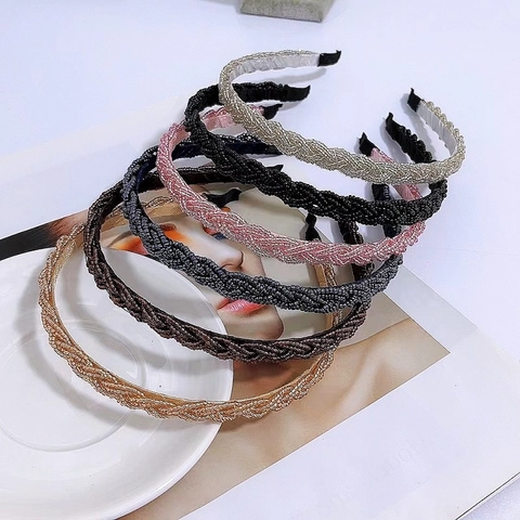Beaded Braided Headbands For Women Korean Style Twisted Handmade Plastic Artificial Pearl Hair Bands Elegant Wide Fashion Accessories