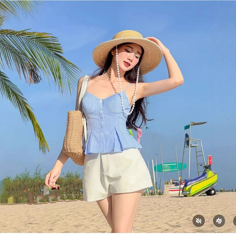 Striped Peplum Camisole Top Blue White Button Front Ruffle Hem Slim Fit Spaghetti Strap Summer Beach Vacation For Women