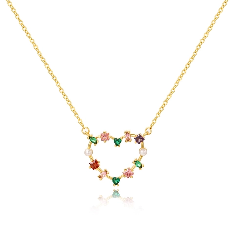 Collana Con Ciondolo A Cuore In Rame Placcato Oro 18K Zircone Colorato Perla Artificial Per Donne