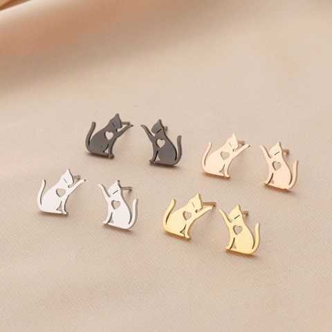 Pendientes de Botón de Gato de Acero Inoxidable para Mujer Lindos Pendientes de Forma de Animal con Corazón Hueco