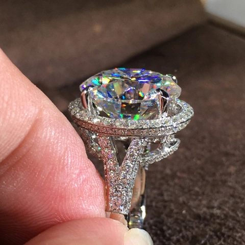 Luxury Halo Ring Round Brilliant Cut Cubic Zirconia Copper White Gold Plated Wedding Bridal Jewelry For Women Romantic