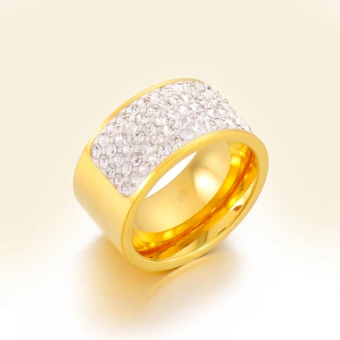 Anello A Fascia Larga In Acciaio Inossidabile Placcato Oro 18K Pavé Strass Bianchi Zircone Lucido Gioielli Di Moda Per Donne