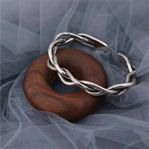 Vintage Braided Twisted Alloy Cuff Bangle For Women Retro Thai Silver Style Open Bracelet Minimalist Jewelry