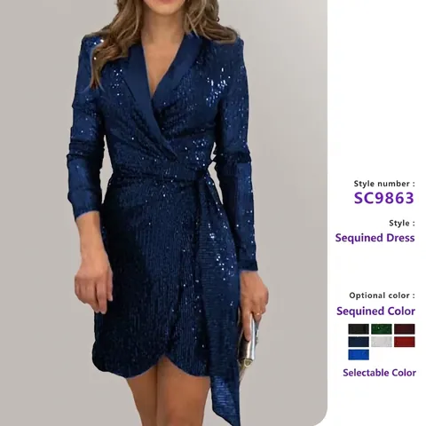 Vestito Mini Con Paillettes Da Donna Maniche Lunghe Scollo A V Vita Con Cintura Lucido Party Elegante