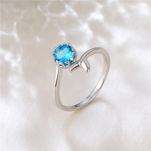 Copper Matching Rings Blue Zircon Fish Tail Ocean Wave Pattern Adjustable Open Ring Jewelry For Lovers